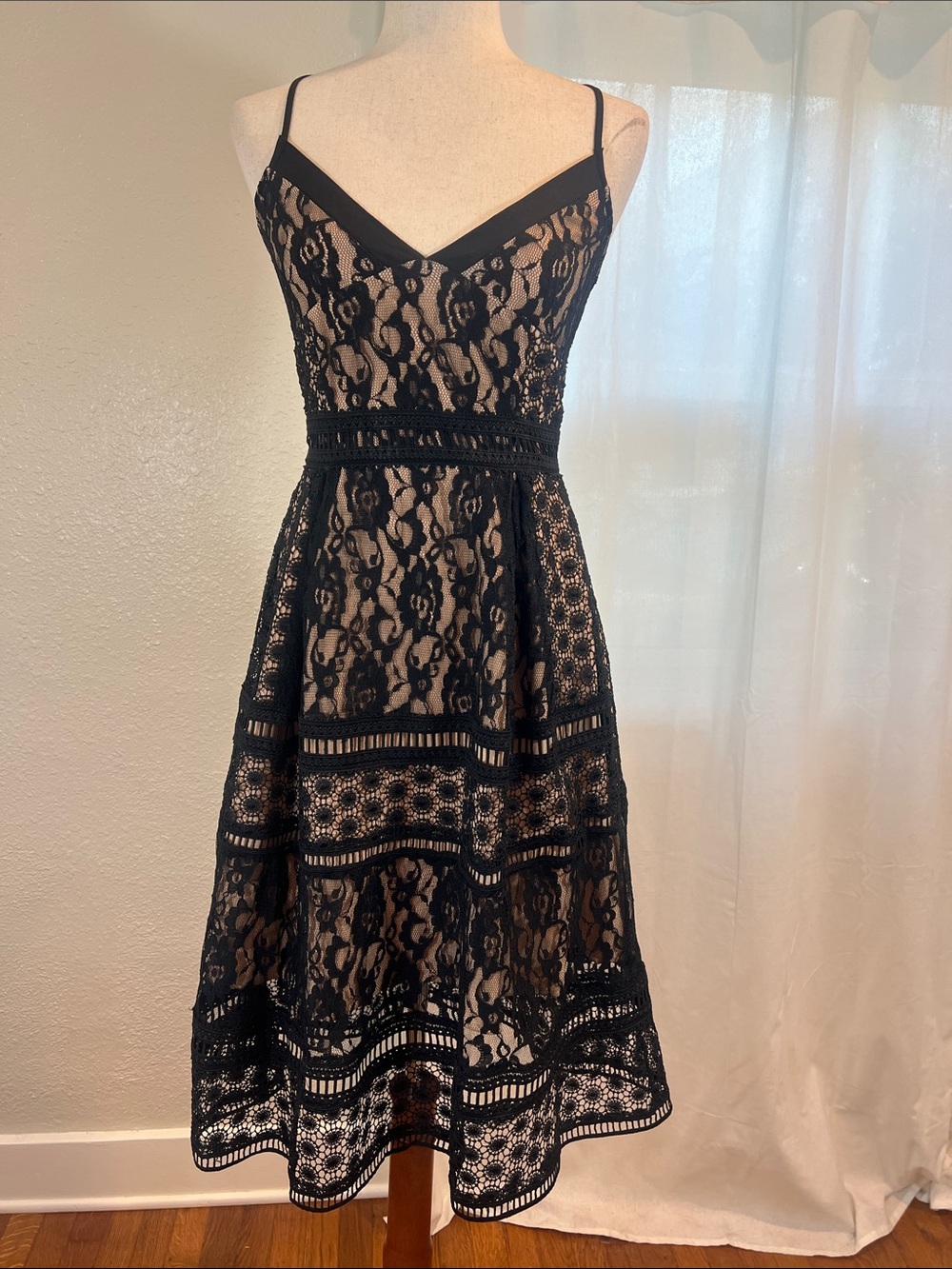 Endless Rose Black Lace Midi Dress with Nude Lining. Size S. NWOT